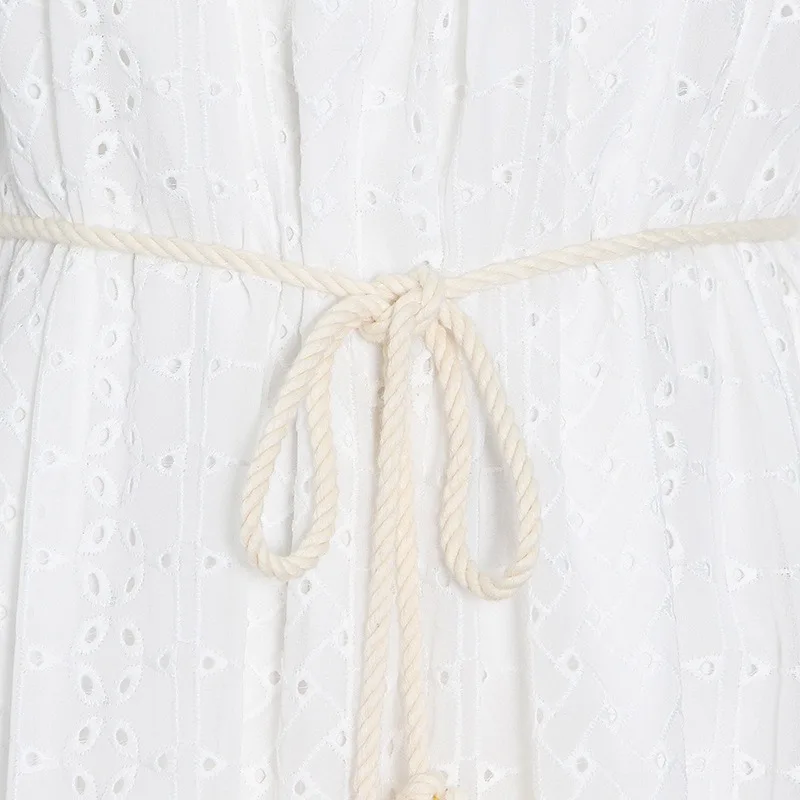 

2021 Summer Petal Collar Vestidos Hollow Out Drawstring Ruffles Gauze Sleeve Patchwork Female Robe Korean Sweet Short Dress