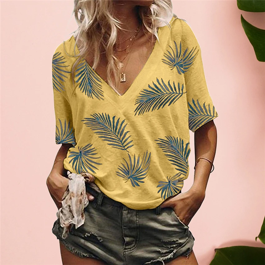 

2020 Summer Women Top Tee Plant Print T Shirt V-Neck Tees Women Half Sleeve Casual Tops tshirt Prairie Chic Female Shirts Women