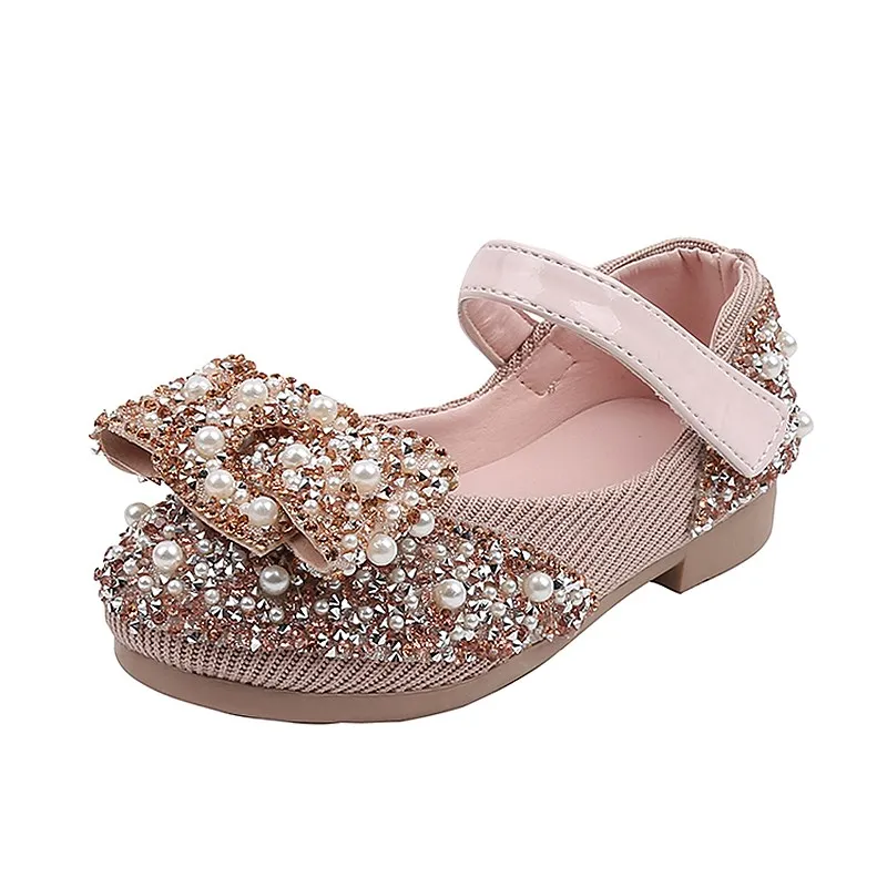 

Girls Leather Shoes Casual colored diamond bow Shoes round-Toe Soft-Sole Big girls Low-heeled Princess Crystal Shoes sandals