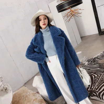 Blue Bella philosophy, Женское зимнее теплое длинное пальто из искусственного меха с длинным рукавом, женское толстое пальто с мишкой Тедди, Повседневная Свободная верхняя одежда - Цвет: Blue