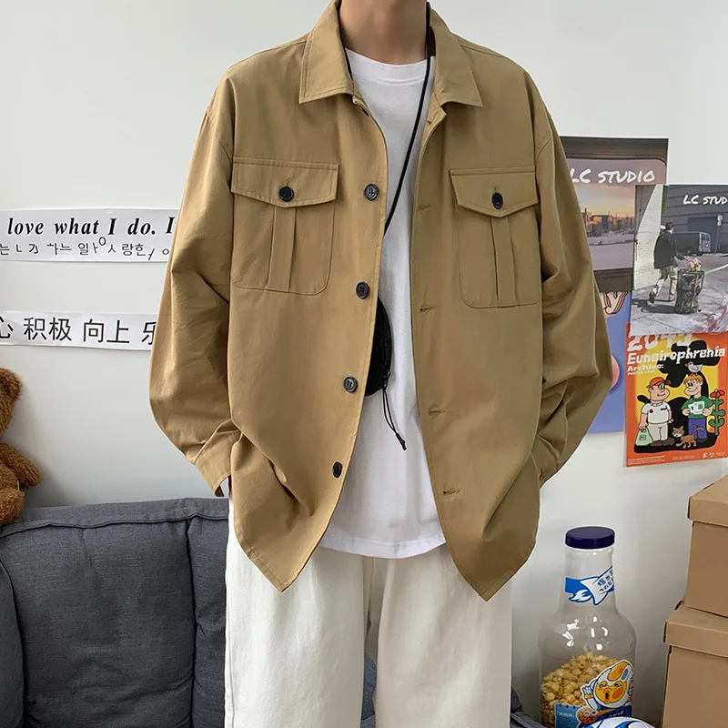 

Japanese work style loose men's pocket Decoration Hong Kong Style Long Sleeve Shirt coat men's