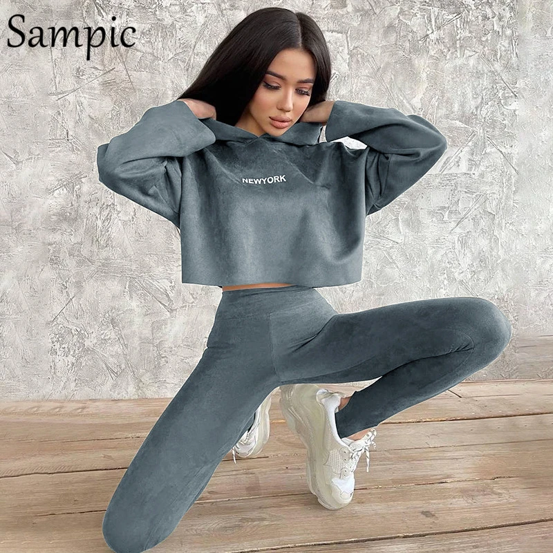 

Толстовки Sampic, повседневный спортивный костюм, женский комплект, свободная толстовка с буквенным принтом, топы и облегающие брюки, комплект...