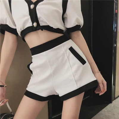 Женский спортивный костюм из двух предметов черно-белый хлопковый с высокой