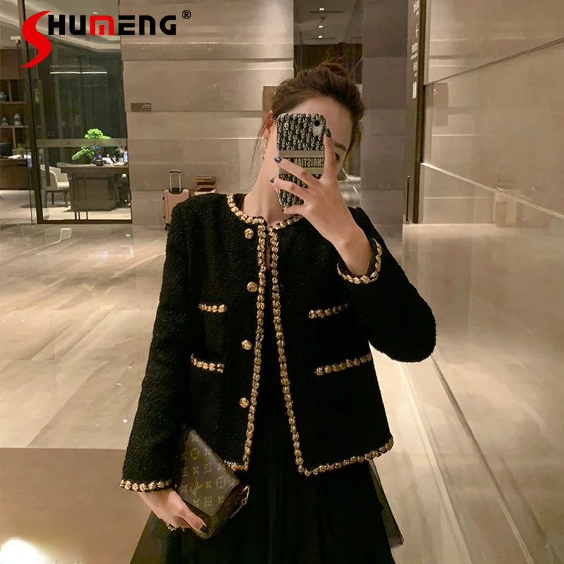 

Ladies New Black Elegant Striped Tweed Woven Short Coat Women's 2021 Winter Fashion Round Neck Gold Thread Woolen Suit Jacket