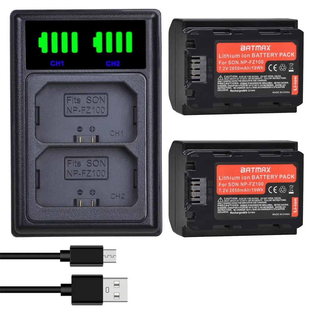 Batmax 2650mAh NP-FZ100 FZ100 Battery+New LED Dual USB Charger for Sony Alpha 9 A9 9R A9R BC-QZ1,a7c,a7 iii, a7R iii, a9,A6600