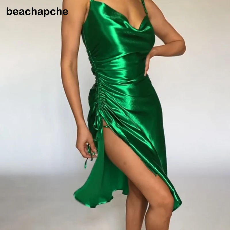 

Beachapche Sleeveless Satin High Split Sling Dress Spaghetti Straps Midi Dress V-Neck Sexy Elegant Women Party Dresses Backless