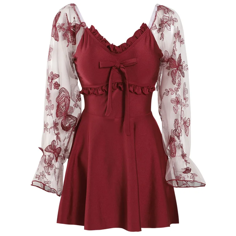 

Women's One Piece Swimsuit Swimsuits Women Bathing Suits Summer New Skirt Long Sleeve Butterfly Embroidery Large Bathing Suit