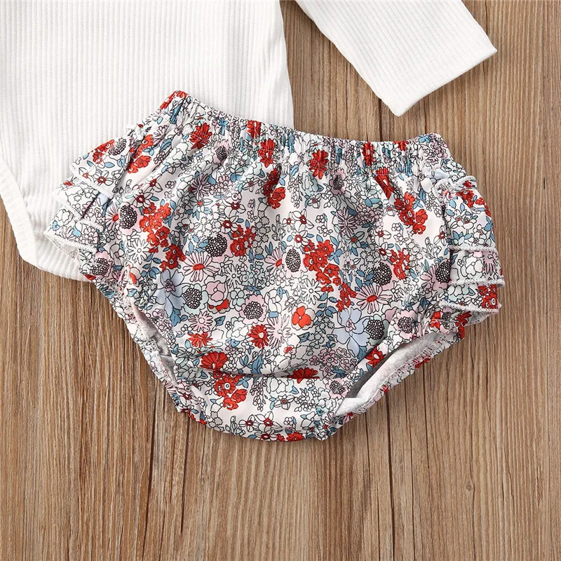 

3Pcs Summer Baby Girl Clothes Outfit Fly Sleeve Solid Color Ribbed Long Sleeve O-neck Romper+Floral Printing Shorts+Bow Headwear