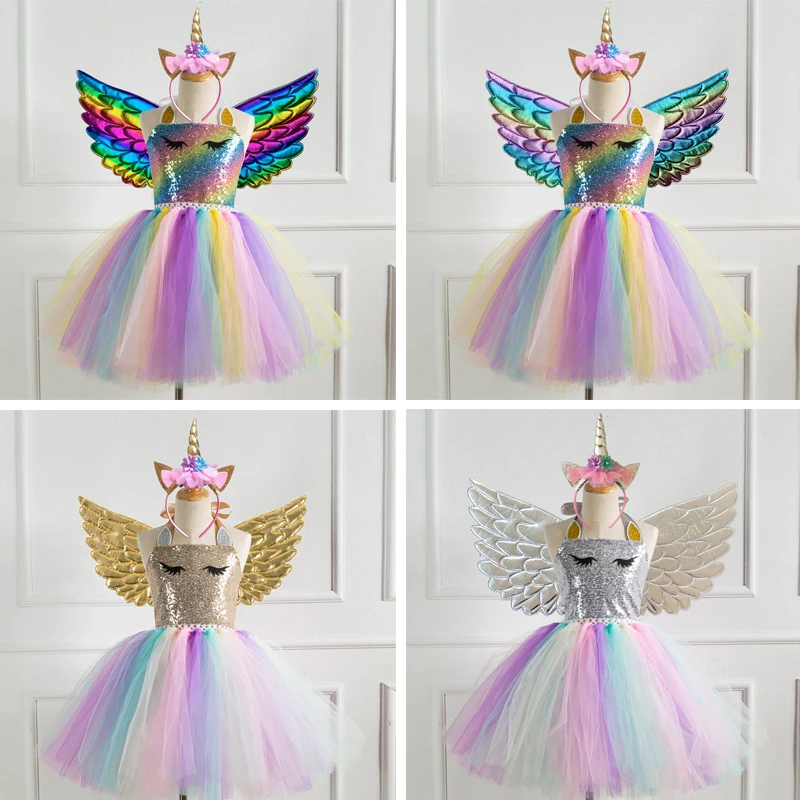 

Children Halloween Costume Girl Cosplay Dress Colorful Sequins Tutu Dress for Baby Girl Prom Dress Rainbow Mesh Princess + Wings