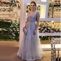 verngo elegant lavender tulle sequin long evening dresses v neck crystal sash shimmer mother bride gowns vintage formal dress