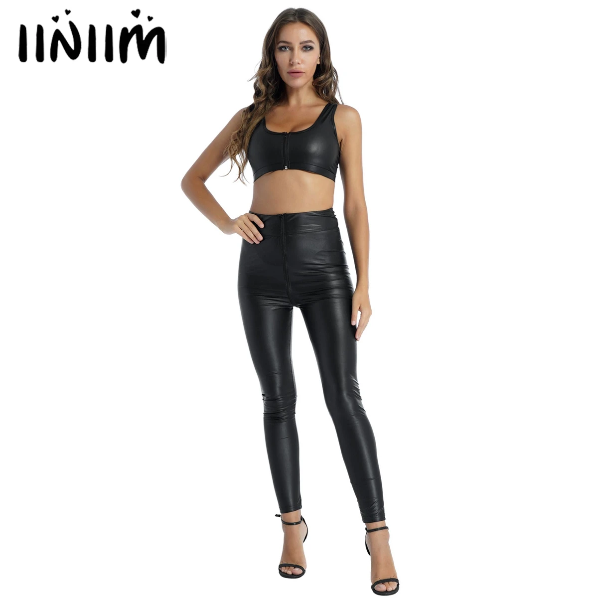 

Женский сексуальный комплект нижнего белья, жилет из лакированной кожи без рукавов, укороченные топы с молнией и высокой талией, облегающие...