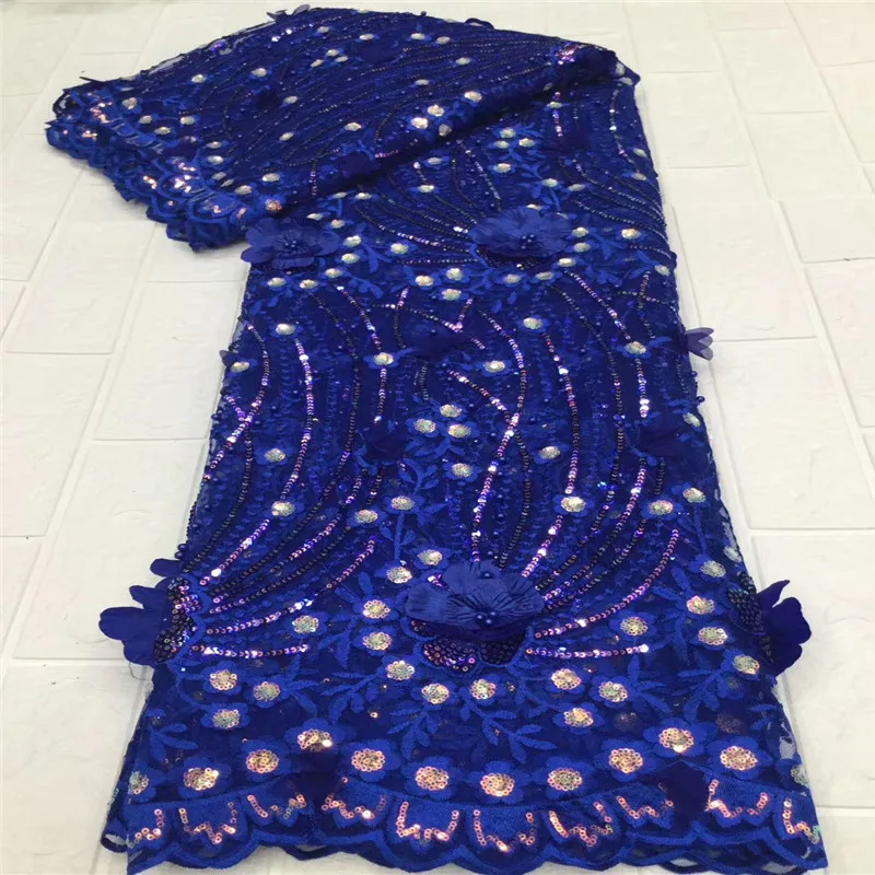 

Royal Blue African Seuqins Lace Fabric 2021 Embroidered French Nigerian beads 3D Flower Lace Fabric High Quality Lace For Party