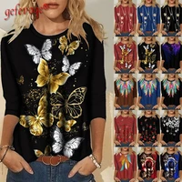 2021 autumn tredny casual clothes long sleeve harajuku tee shirts female loose plus size tops feather floral print t shirt women
