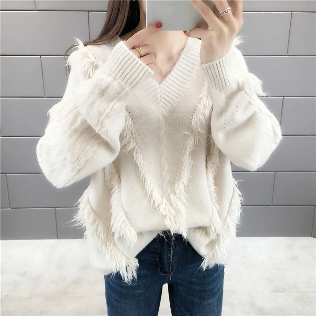 SAGACE 2020 New Autumn Winter Fringe Casual Knitted Sweater Ladies Elegant Long Sleeve V-neck Women Pullovers Tops Street Pop | Женская