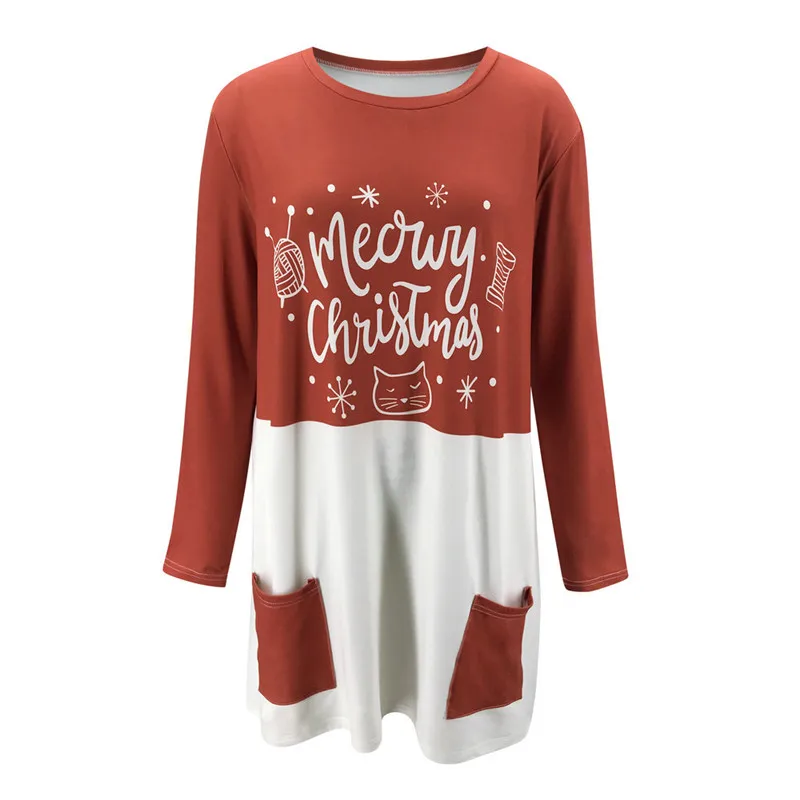 

Women Christmas Theme Dress Autumn Patchwork Design Pockets O-Neck Long Sleeve Deer Leeter Tree Print Casual Loose Mini Vestidos