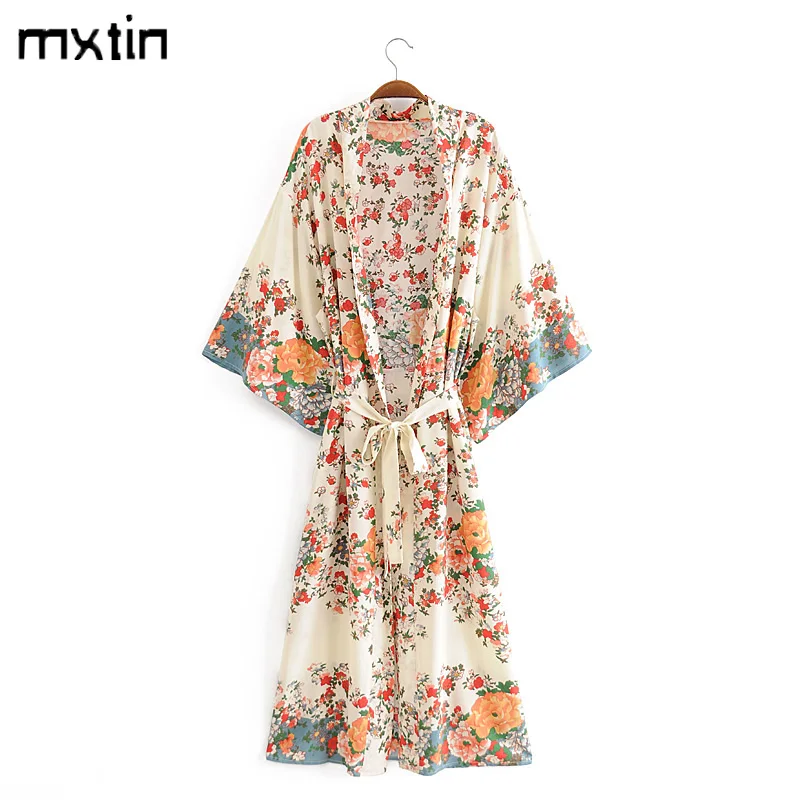 

Женский кардиган-кимоно с цветочным принтом, V-образным вырезом и поясом