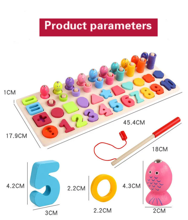 

Wooden Children's Six-in-one Number Plate Shape Cognitive Math Operation Digital Assembled Building Blocks Magnetic Fishing Toy
