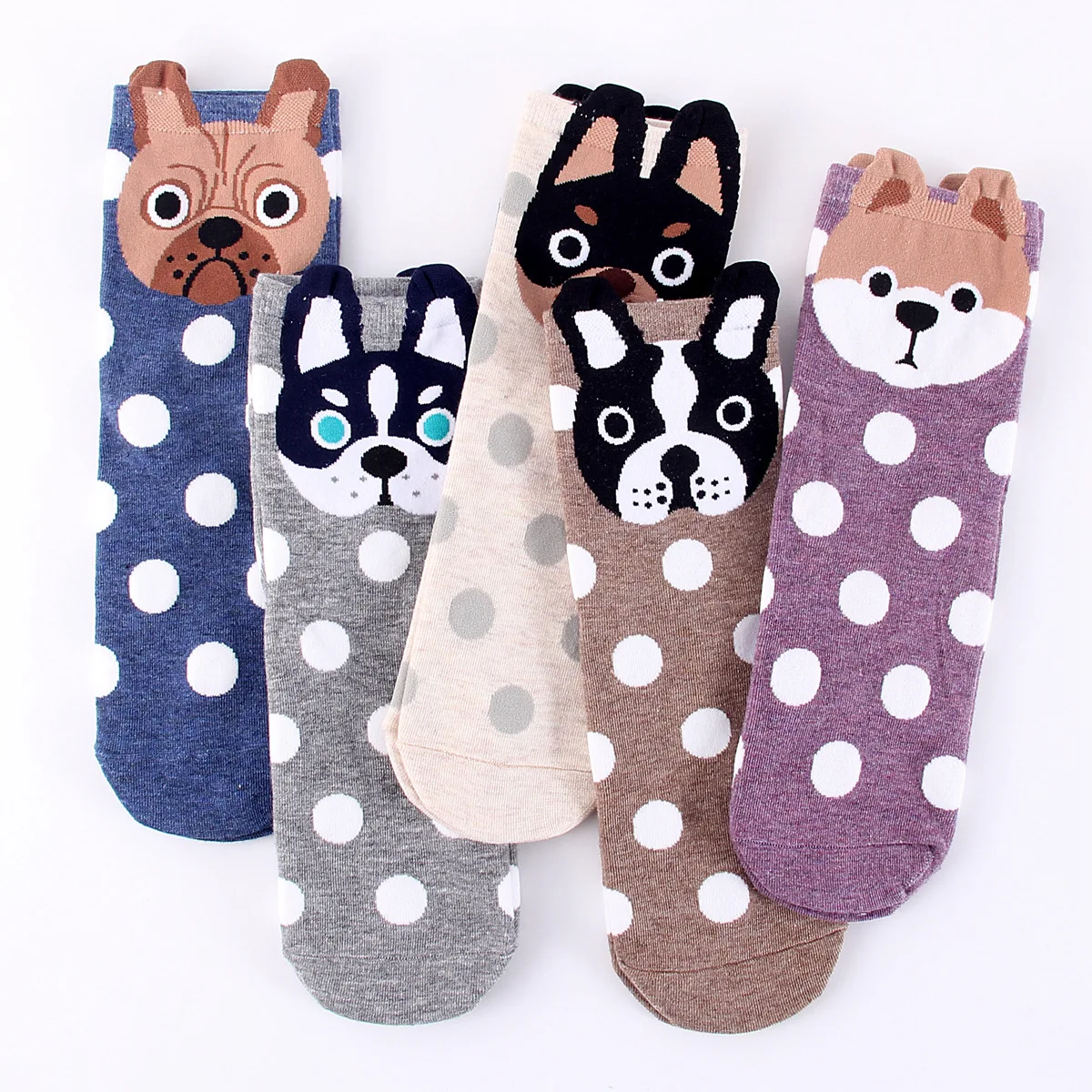 

5 Pairs Women Middle Tube Socks Cartoon Animal Patterns Dot Dog Cat Soft Cotton Socks for Spring Summer Autumn