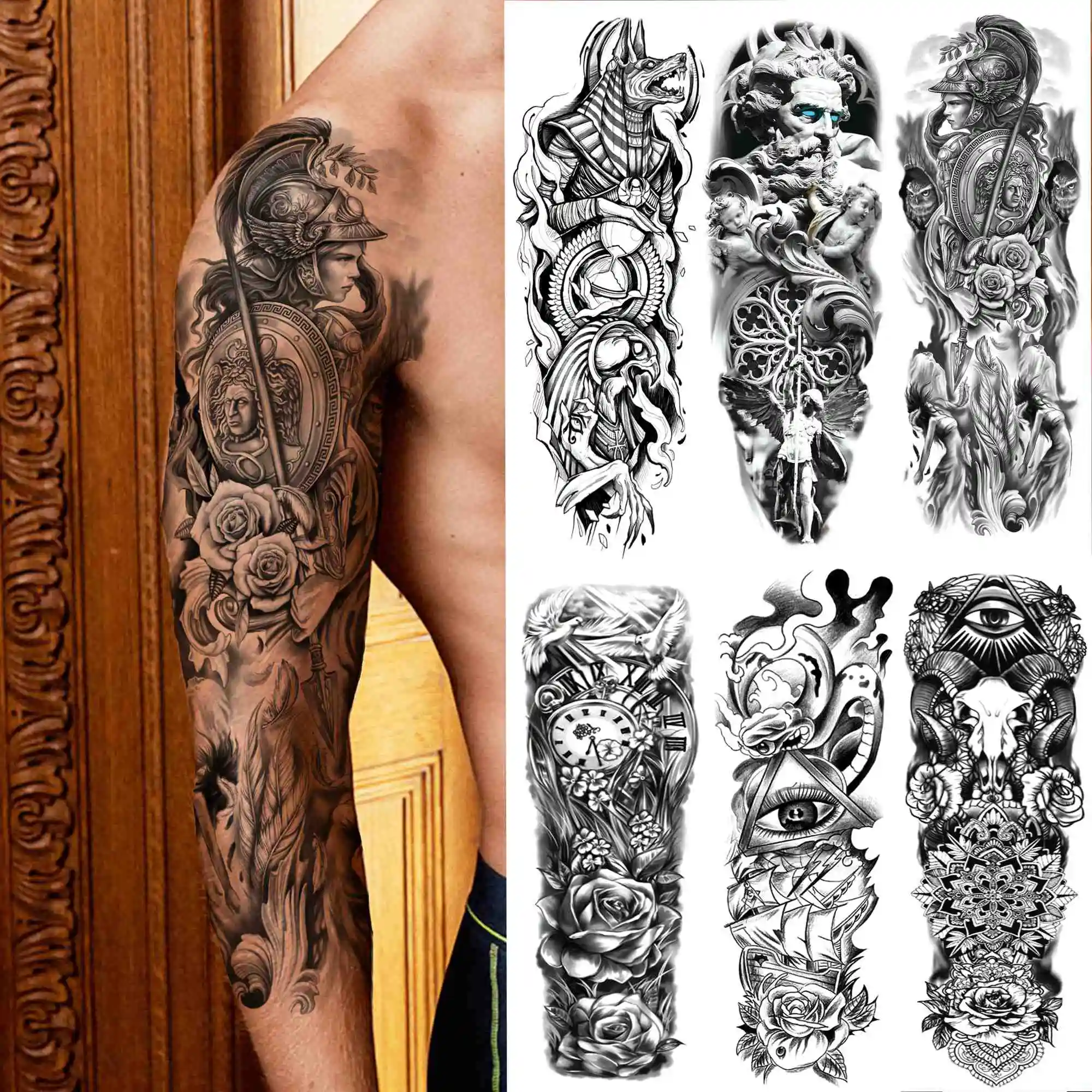 

Flower Warrior Temporary Tattoos Sleeve For Men Women Fake Black Geometry Eye Tattoo Sticker Sleeve Tribal Full Arm Tatoos