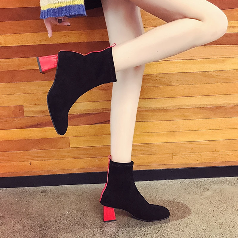 Демисезонные женские ботинки на высоком каблуке ботильоны с квадратным носком