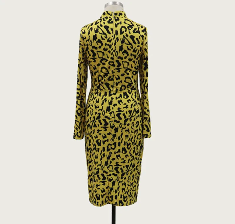 Women Sexy Vestidos Stand Neck Leopard Print Bodycon Long Sleeve Dress Party Club Midi | Женская одежда