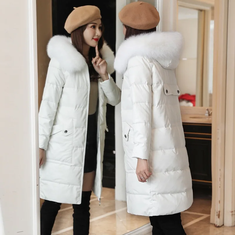 Элегантные женские зимние пуховики из искусственной кожи с воротником