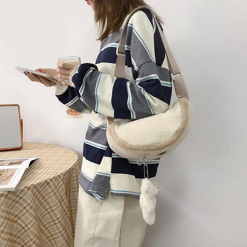 

Women Plush Chest Bag Cute Bear Shoulder Bags Soft Cloth Fabric Purse Half Moon Lovely Lamb Like Crossbody Bags For Girls