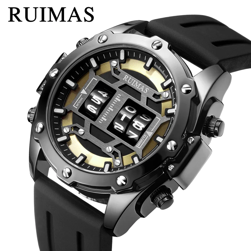 RUIMAS Luxury Brand Men Watch Rolling Time Sport Rubber Strap Wristwatch Waterproof Military Quartz Watches Relogio Masculino | Наручные