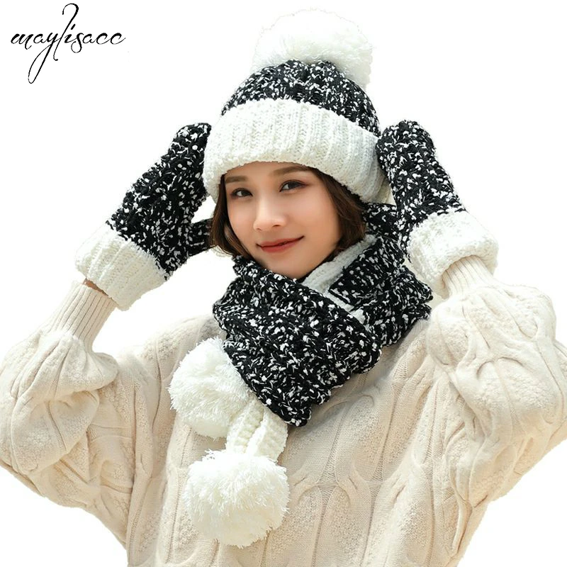 7color осенне-зимняя Новая русская ветрозащитная шапка, перчатки, шарфы, комплект из 3 предметов, теплая трикотажная шапка из акрила, шапочки для женщин и девочек