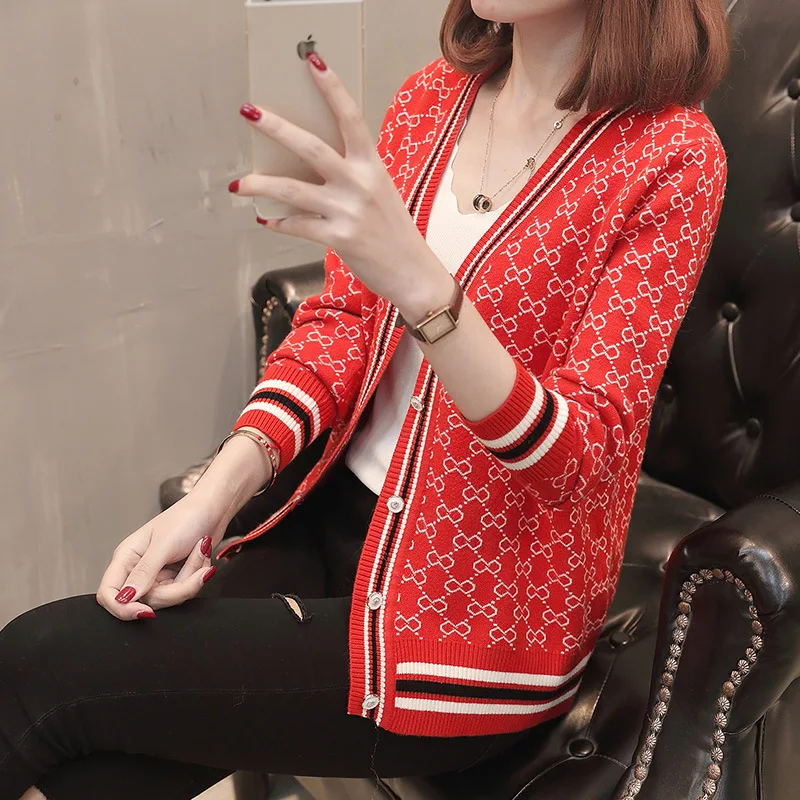 Red Sweater Женский свитер с пуговицами, длинный рукав, полосатый вязаный кардиган для девушек, осень, новинка, большие размеры, хлопок, свитера, роскошная вязаная одежда - Цвет: Red Sweater