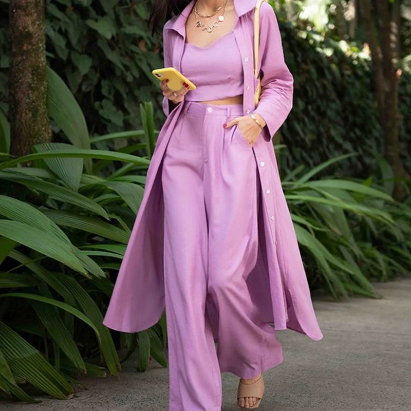 

Women Pants Suit Casual Loose Long Sleeve Office Lady Suit Windbreaker High Waist Wide Leg Pant Vests Three-piece Set Female