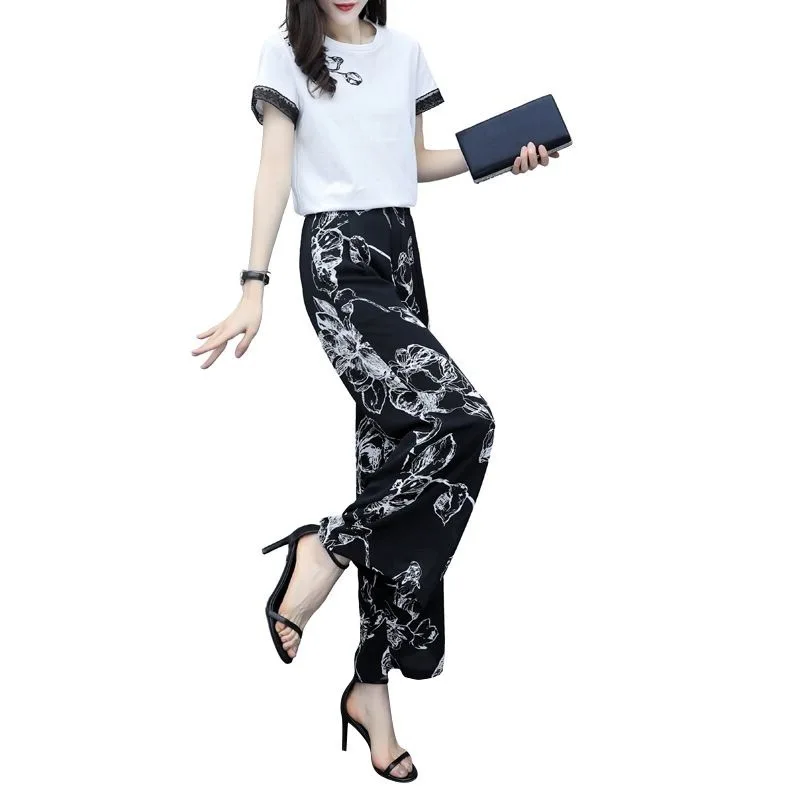 Широкие брюки модные женские летние футболки с круглым воротником и принтом +