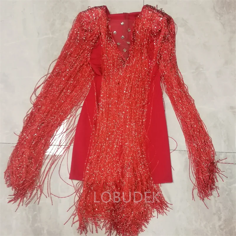 Fashion Long Tassels Crystals Dress Women Singer Concert Stage Costume Sexy Fringes Party Dance Performance Clothing | Женская одежда