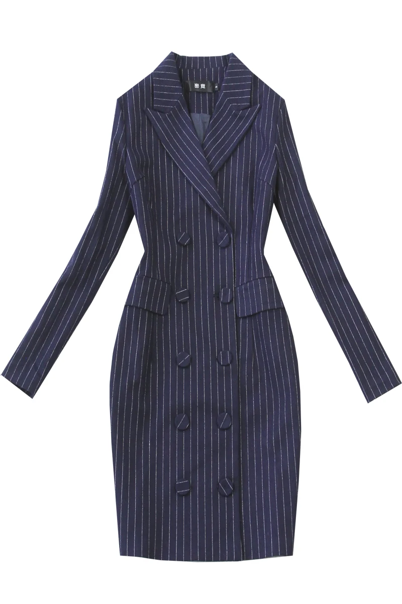 

2020 Vestido Longo Time-limited Full Dress Autumn Women's Large Size Suit Collar Double-breasted Imitation Striped Clothing