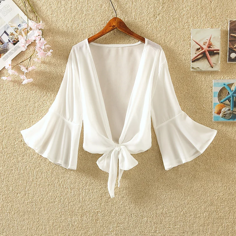 BOHOFREE летняя белая накидка кимоно галстук-бабочка расклешенный рукав шифоновая