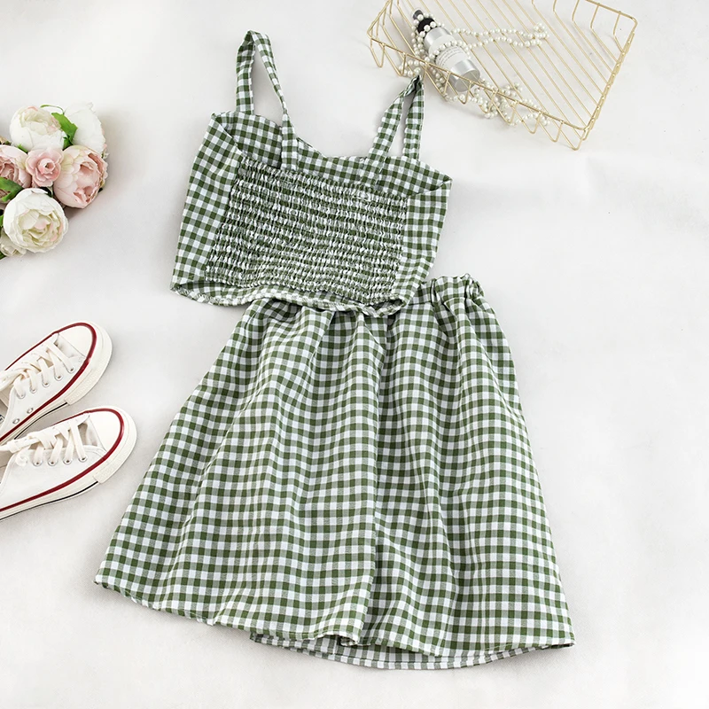 Женский комплект из двух предметов HELIAR клетчатые рубашки без рукавов и юбки с