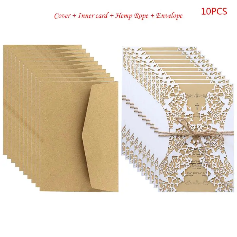 

10pcs/set Cut Hollow Wedding invitations Cards Lace Hemp Rope Invite Envelopes Kits For Engagement Bridal Baby Shower