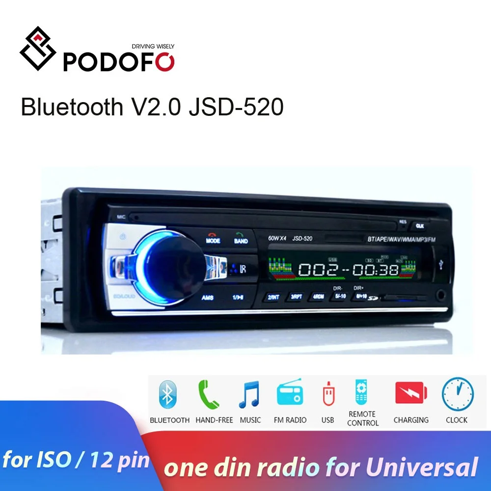 Podofo one din Автомобильный Радио Стерео FM Aux вход приемник SD USB JSD 520 12В In dash 1 MP3