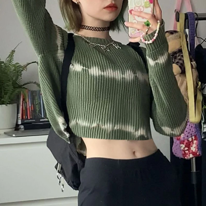 

Sunny y.j. Женская трикотажная блузка в стиле Харадзюку, зеленая Милая рубашка с принтом E Girl, трикотажная уличная одежда с длинным рукавом Y2K