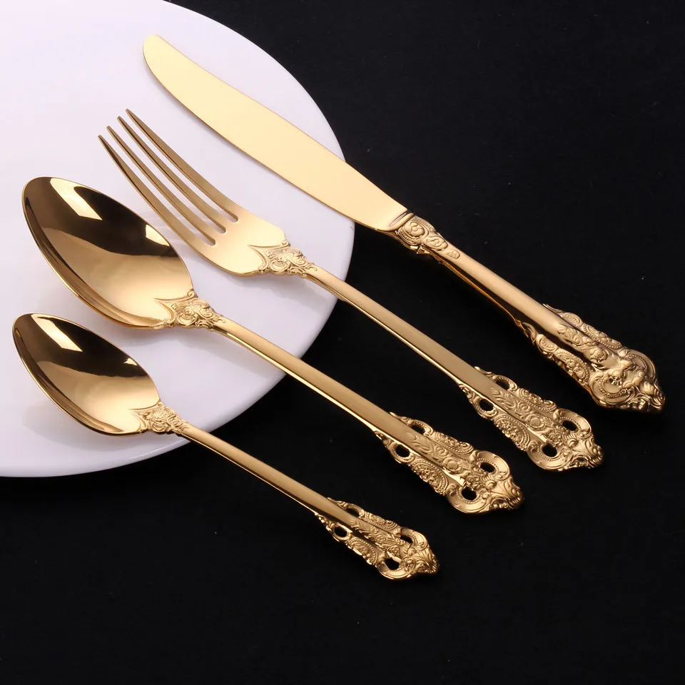 Золото Серебро столовая посуда набор столовых приборов вилки ножи ложки дворец