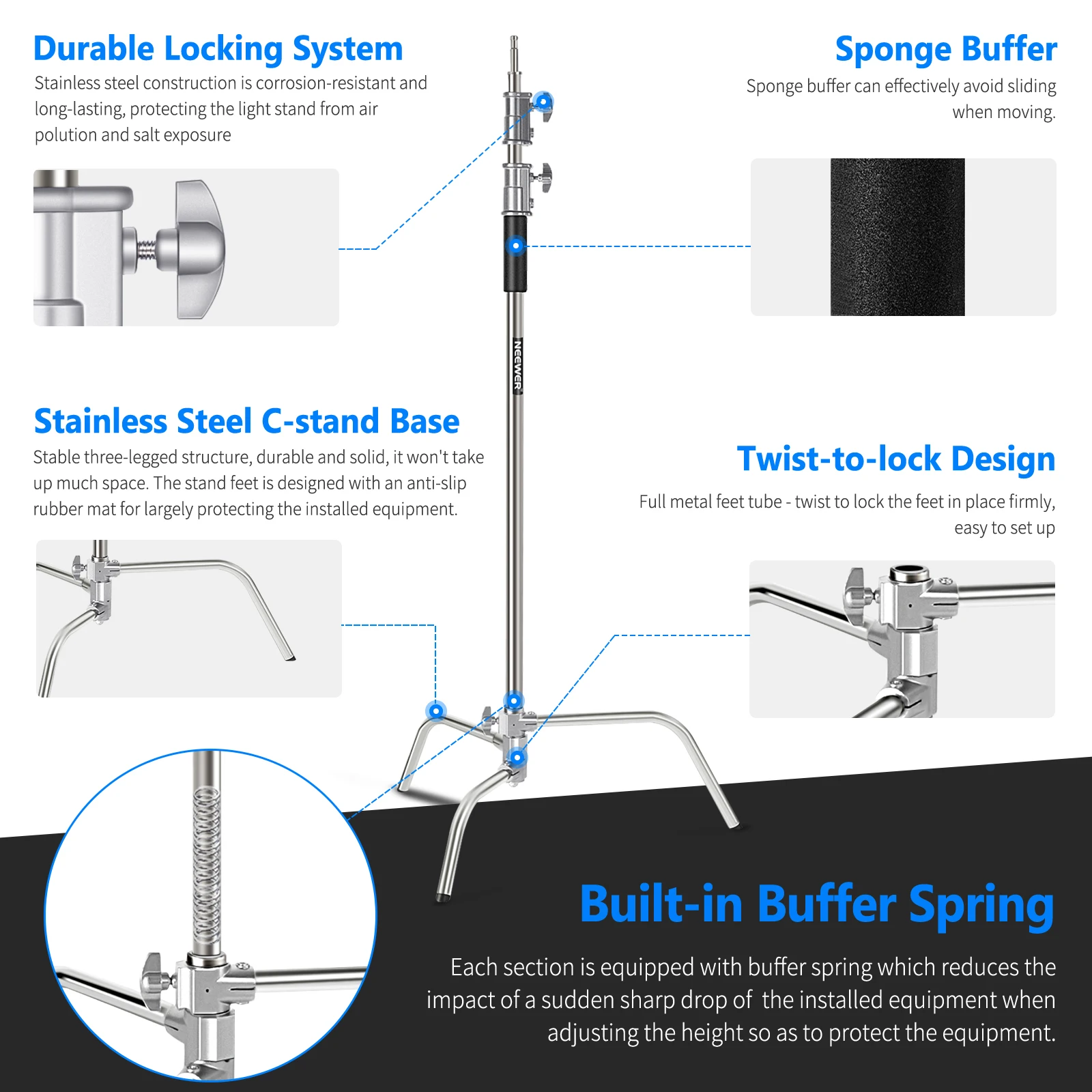 

Neewer Stainless Steel C Light Stand with Base, Heavy Duty C Stand for Monolights, Video Lights and Other Photographic Equipment