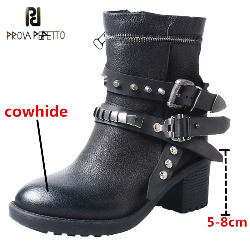 

Prova Perfetto Classics Genuine Leather Women Motorcycle Boot Fashion Solid Color Rivet Metal Decoration Buckle Strap Lady Boots