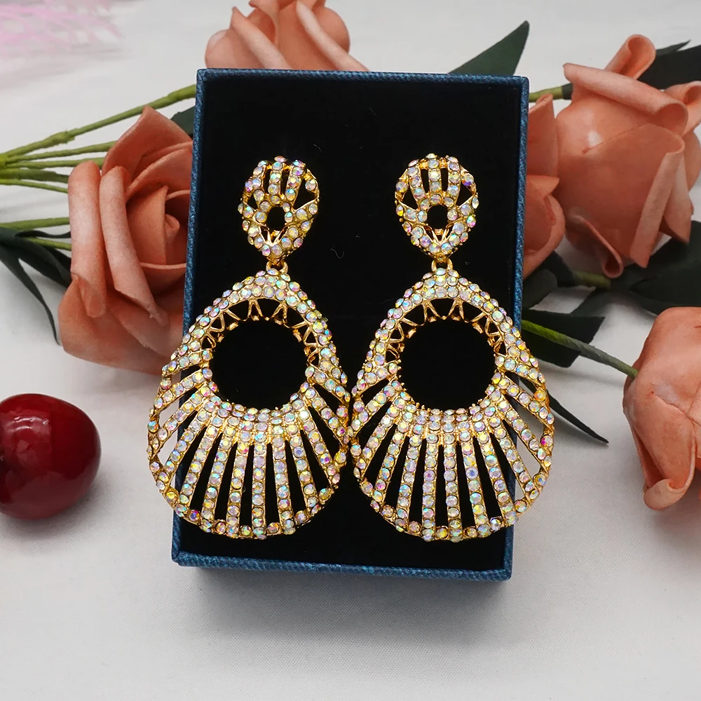 

2021 Luxury Rhinestone Earrings For Women Big Hollow Round Crystal Simple Statement Wedding Earring Jewelry Party