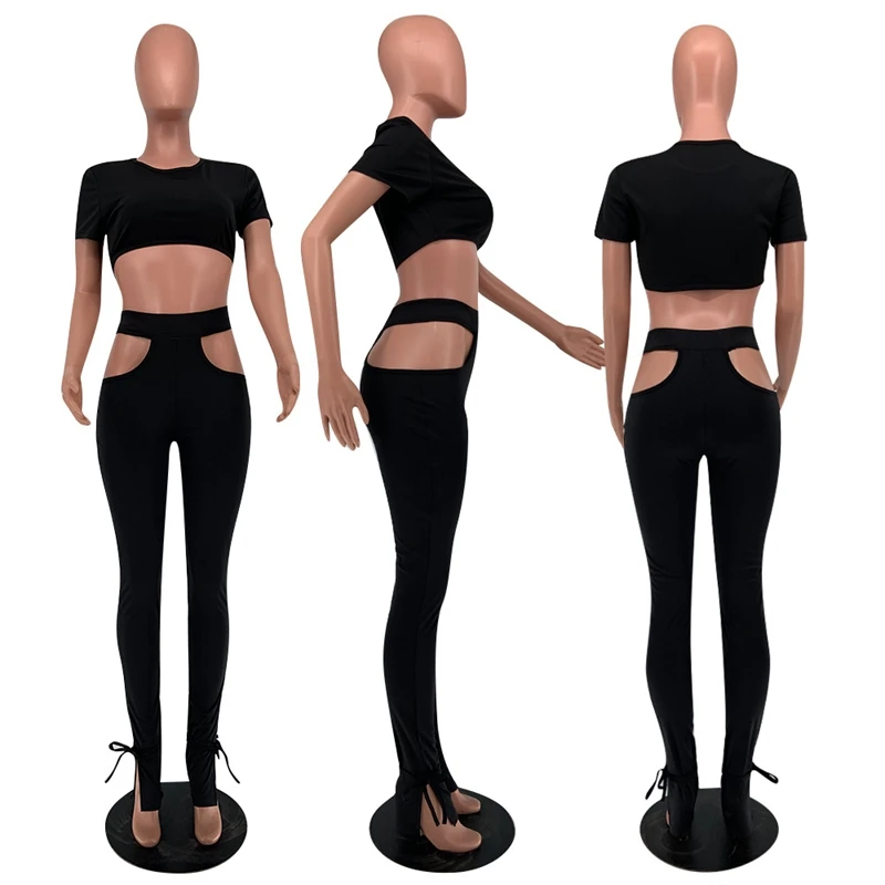 

TNNAOFF Solid 2 Piece Tracksuits Women Set Short Sleeve T Shirt Summer Sexy Hollow Hem Split Sweatpans Lounge Wear Matching Sets