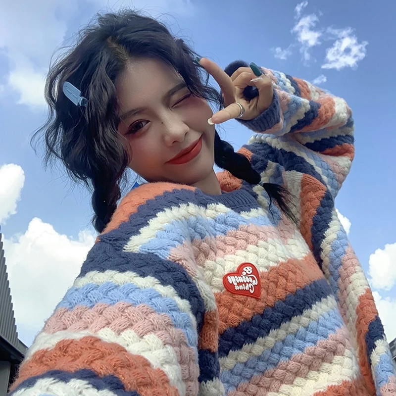 

Striped Pullover Women's Spring and Autumn Loose and Lazy Style Outer Wear New Retro Japanese Style Explosive Sweater