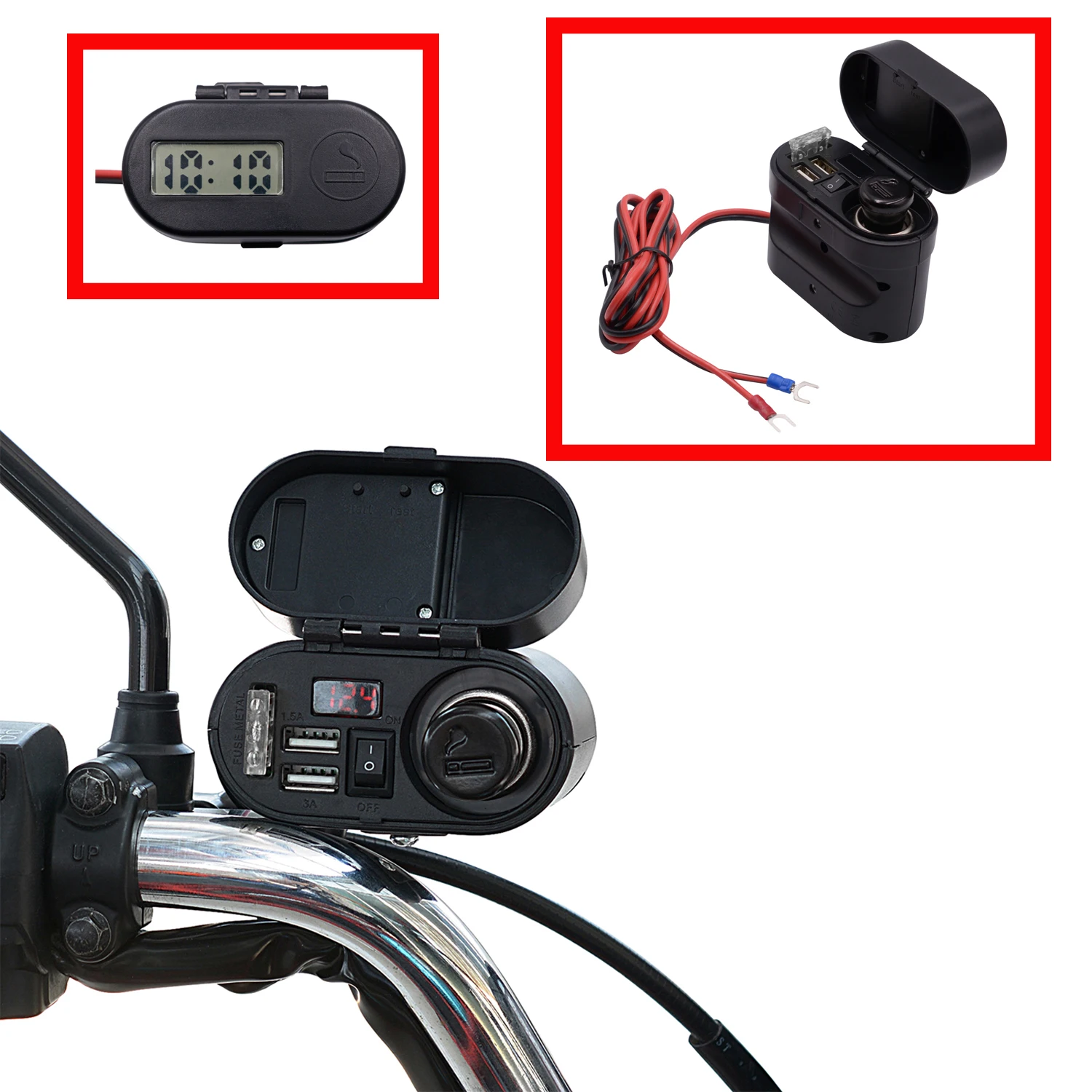 

Multifunctional Waterproof Motorcycle Dual USD Charger Quick Charge QC 3.0A With Clock Digital Display Voltage Power Off Switch