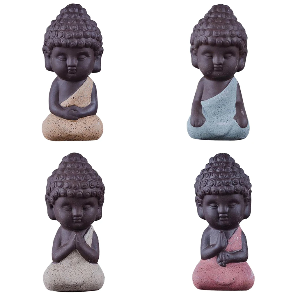 

4Pcs Little Buddha Ornament Statue Monk Kung Fu Tea Pet Figurines Desk Top