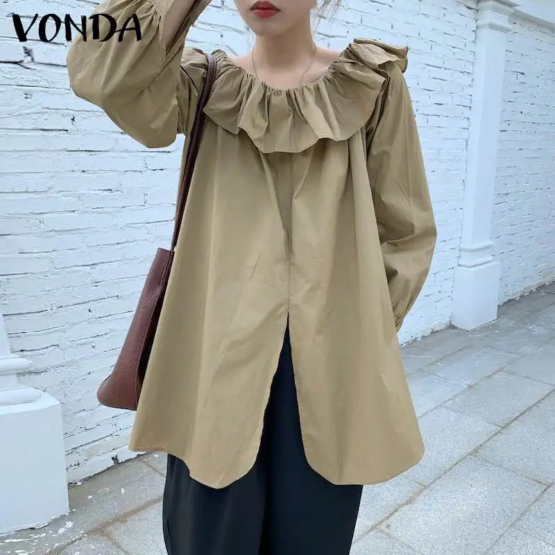 

VONDA Women Ruffled Blouses 2022 Autumn O Neck Casual Long Sleeve Split Hem Party Shirts Solid Casual Tops Tunic Fashion Blusas