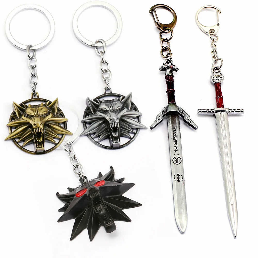 

Game Witcher 3 Wild Hunt Wolf Head Keychain Geralt Metal Medallion Sword Key Chain Car Keyring Figure Model Toy
