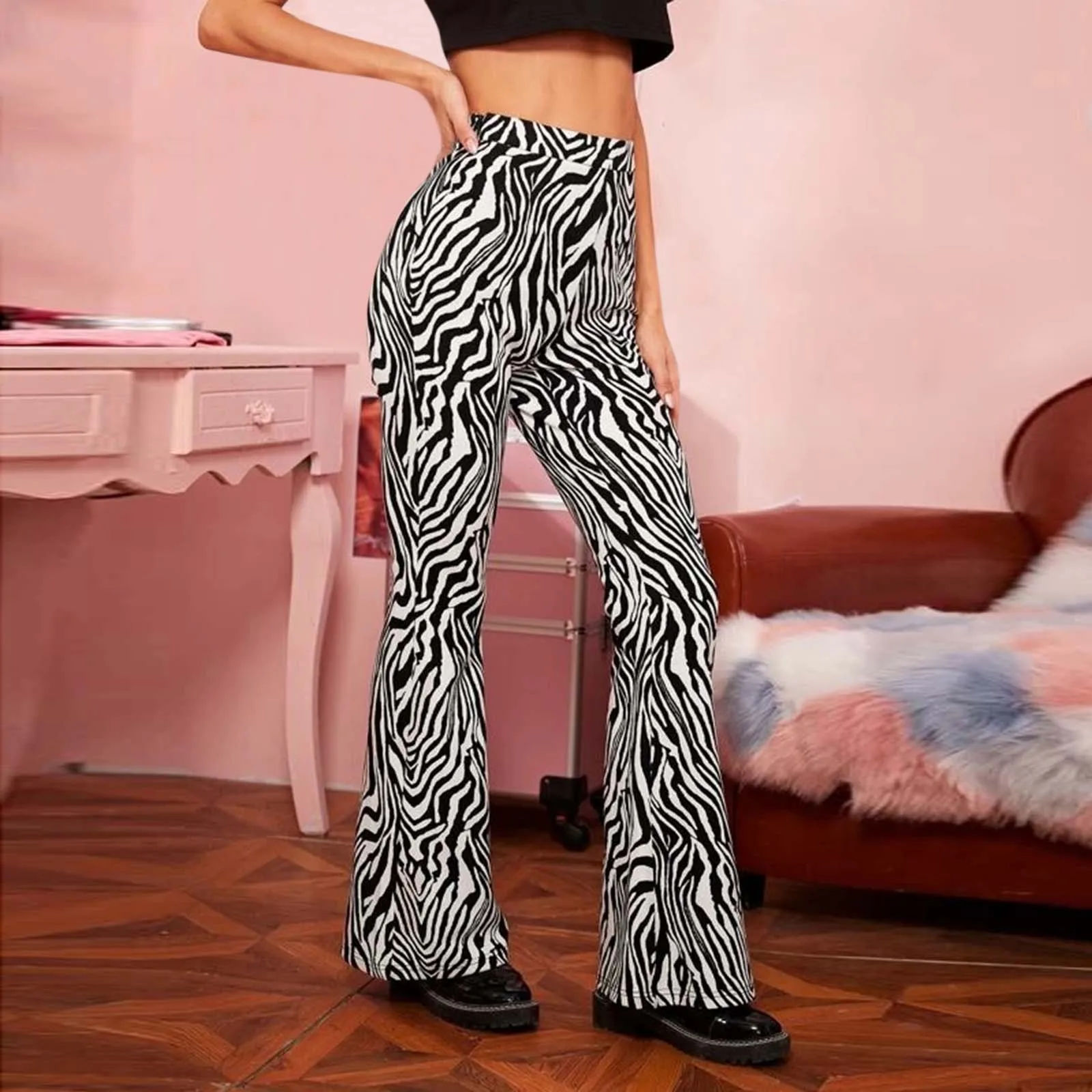 Повседневные женские брюки 40 # с принтом зебры расклешенные полной длины